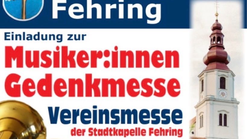 Das Poster bewirbt die Musiker-Gedenkmesse und Vereinsmesse der Stadtkapelle Fehring mit einer goldenen Trompete und einem Kirchturm. Der Text ist in Deutsch.