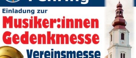 Das Poster bewirbt die Musiker-Gedenkmesse und Vereinsmesse der Stadtkapelle Fehring mit einer goldenen Trompete und einem Kirchturm. Der Text ist in Deutsch.