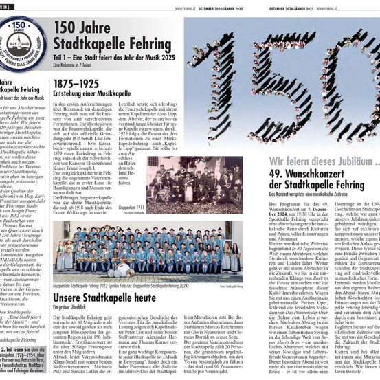 Seite einer Zeitschrift, die das 150-jährige Jubiläum der Stadtkapelle Fehringen feiert. Sie enthält historische Informationen, Fotos und Programmdetails für ein bevorstehendes Konzert.