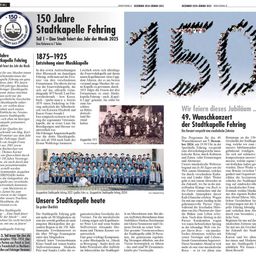 Seite einer Zeitschrift, die das 150-jährige Jubiläum der Stadtkapelle Fehringen feiert. Sie enthält historische Informationen, Fotos und Programmdetails für ein bevorstehendes Konzert.