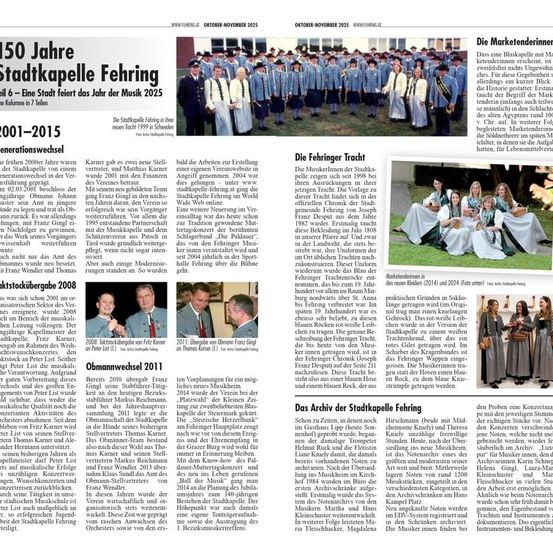Eine Seite aus einer Zeitschrift mit einem Artikel mit dem Titel '150 Jahre Stadtkapelle Fehring 2015', die eine Gruppe von Musikern in Uniform, eine historische Zeitleiste und ein Foto einer historischen Persönlichkeit zeigt.