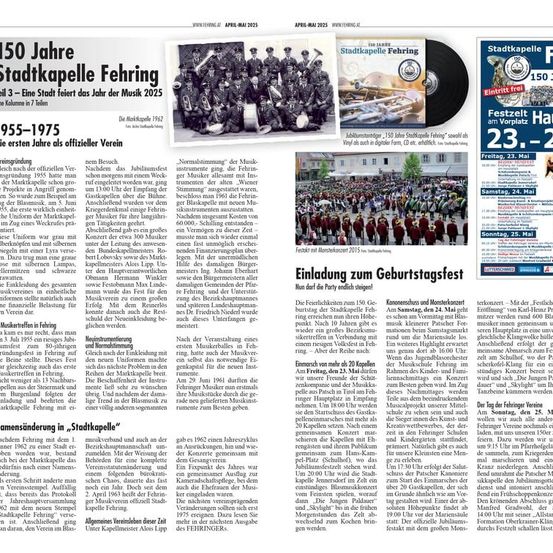Ein Zeitungsartikel aus April 2015 über das 150-jährige Jubiläum der Stadtkapelle Fehringe, mit historischen Fotos, musikalischen Details und Feierplänen. Eine Anzeige für das Ereignis betont die Veröffentlichung einer Vinyl-Schallplatte.