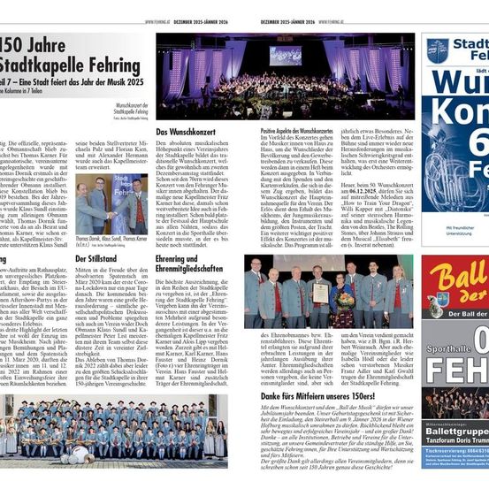 Die offizielle Jubiläumsfeier der Stadtkapelle Feiering. Die beiden Stellvertreter Michael Palz und Florian Kiehne sowie Alexander Hermann wurden mit der Kapellmeister-Ehrenurkunde ausgezeichnet. Die Stadtkapelle Feiering feierte ihr 150-jähriges Bestehen. Der Konzertmeister Fritz Thomas Dornik, Klaus Sand, Thomas Kanner und Thomas Karper wurden geehrt. Die Stadtkapelle Feiering feierte ihr 150-jähriges Bestehen. Der Konzertmeister Fritz Thomas Dornik, Karl Kanner, Doris Fauster und Heinz Dorns, Karl Kanner, Hans Fauster und Helmut Martin Hanns Fauster und war verantwortlich für die Durchführung der Jubiläumsfeier.