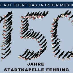 Die Stadt feiert das Jahr der Musik mit einer Silhouette eines Marschorchesters in der 50er-Formation. Der Text ist auf Deutsch.