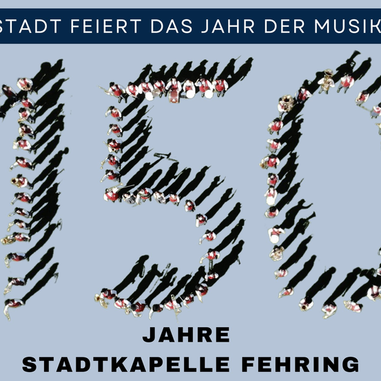 Die Stadt feiert das Jahr der Musik mit einer Silhouette eines Marschorchesters in der 50er-Formation. Der Text ist auf Deutsch.