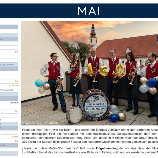 Eine Gruppe von Musikern in roten Westen steht vor einem Gebäude mit der Nummer 150. Sie halten Trompeten und sind von Luftballons umgeben. Ein Schlagzeug steht vor ihnen. Eine Gruppe von Musikern feiert ihr 150-jähriges Jubiläumsfest.