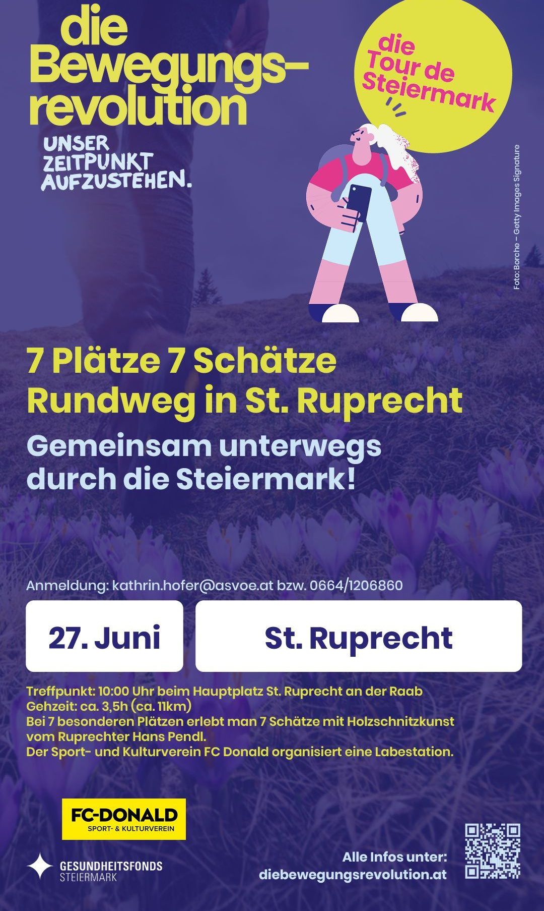 Poster for a hiking event. '7 Places 7 Treasures' around St. Ruprecht. Together through Styria! Registration: kathrin.hofer@asvoe.at or 0664/1206860. Date: June 27. Meeting point: 10:00 at St. Ruprecht Main Square. Duration: approx. 3.5h. Stops include 7 special locations with woodcutting art.