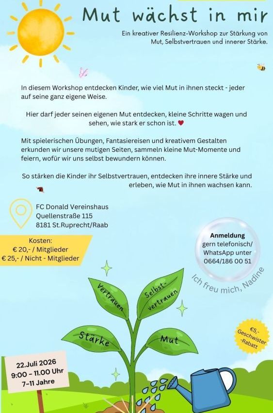 Poster for a creative resilience workshop for children to discover courage, self-confidence, and inner strength. Activities include games, fantasies, and creative activities. The event is on July 22, 2026, from 9:00 to 11:00 AM.