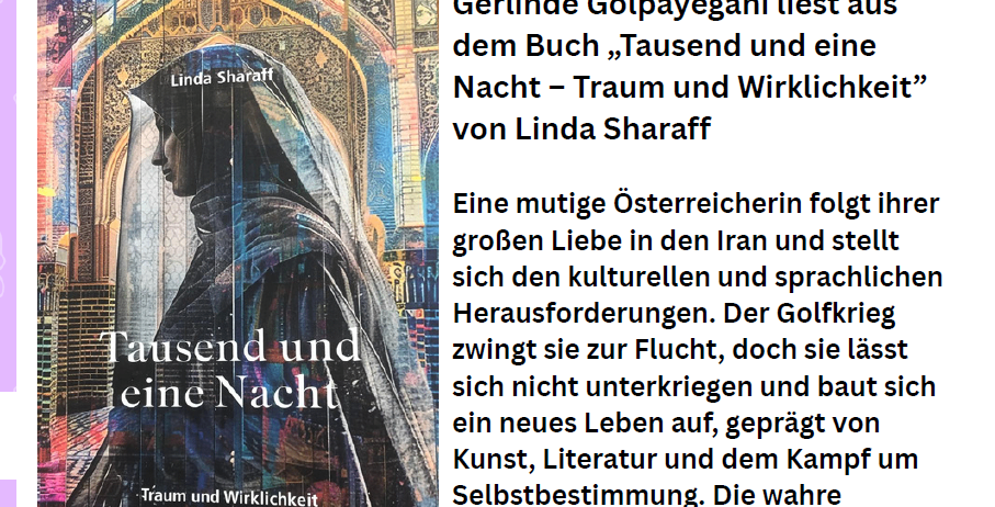 Eine Frau liest das Buch „Tausend und eine Nacht“ von Linda Sharaff. Sie folgt ihrer großen Liebe in den Iran und steht vor kulturellen und sprachlichen Herausforderungen. Der Golfkrieg zwingt sie zur Flucht, doch sie gibt nicht auf und baut ein neues Leben durch Kunst, Literatur und den Kampf um Selbstbestimmung auf. 16. Jan. 2026, 17 Uhr. Eintritt frei.
