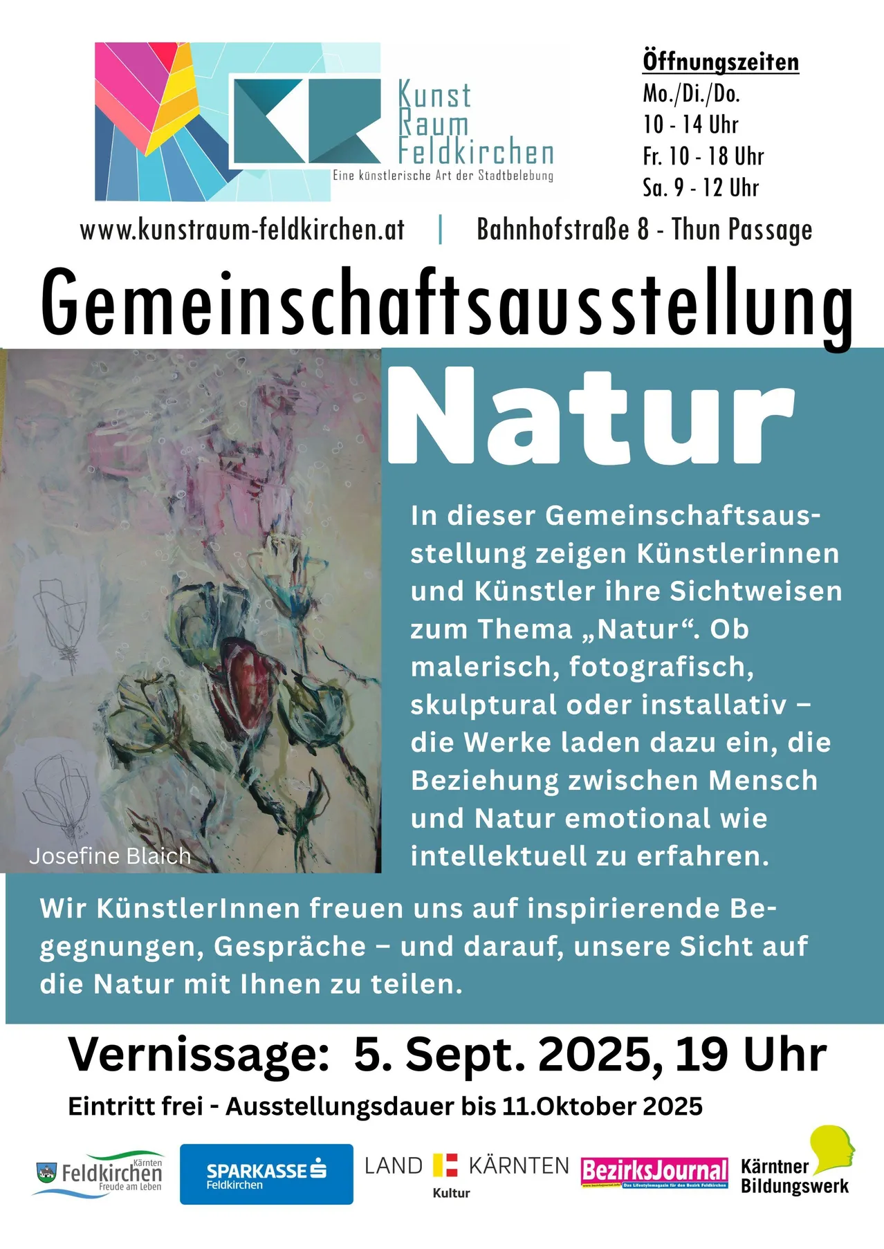 Eine Gemeinschaftsausstellung zeigt Werke verschiedener Künstler zum Thema Natur, die emotionale und intellektuelle Verbindungen zwischen Mensch und Natur erforschen. Josephine Blaich ist eine der Künstlerinnen. Die Veranstaltung ist für den 5. September 2025 um 19:00 Uhr geplant.