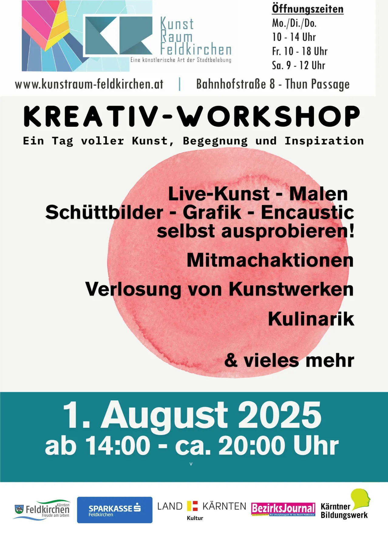 Ein Tag voller Kunst, Begegnung und Inspiration. Kreativ-Workshop. 1. August 2025, ab 14:00 Uhr bis ca. 20:00 Uhr. Live-Kunst, Malen, Grafikdesign und vieles mehr.