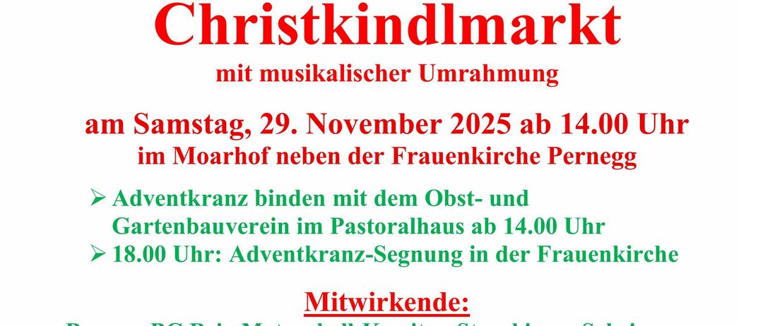 Plakat für den Christkindlmarkt mit einer verschneiten Dorfszene. Veranstaltung am 29. November 2025 ab 14.00 Uhr. Beinhaltet Kranzbinden, Segen und Musik.