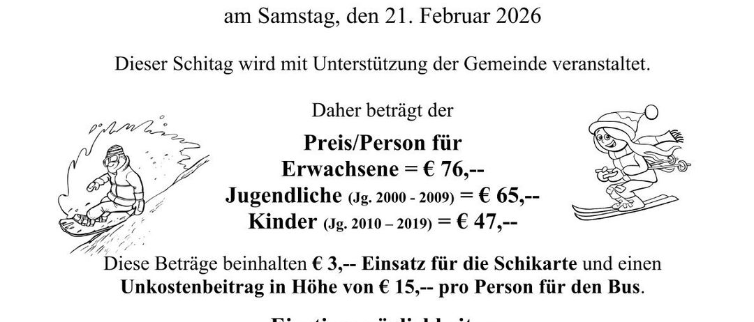 Plakat für den Jugend- und Familien-Skitag auf dem Kreischberg am 21. Februar 2026. Beinhaltet Details zu Preisen, Einsteigepunkten und Zeiten. Erwachsene zahlen €76, Jugendliche €65, Kinder €47. Anmeldeschluss Freitag, 13. Februar 2026.