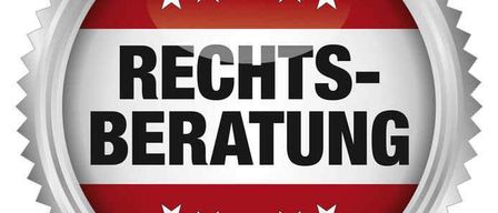 Eine runde silberne Schaltfläche mit dem Text 'RECHTS-BERATUNG' und fünf weißen Sternen in einem Kreis über und unter dem Text. Die Schaltfläche hat einen roten Hintergrund.