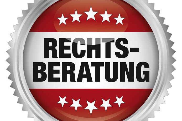 Eine metallische Schaltfläche mit den Worten 'RECHTS-BERATUNG' in fetten Buchstaben, vor einem roten und weißen Hintergrund, verziert mit Sternen.