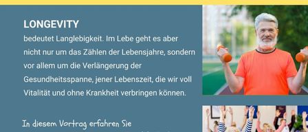 The image promotes a free lecture by Mag. Silvia Lehofer on longevity, held at the Perneggen municipal office. It features an elderly man exercising and discusses how longevity extends beyond lifespan to healthspan.