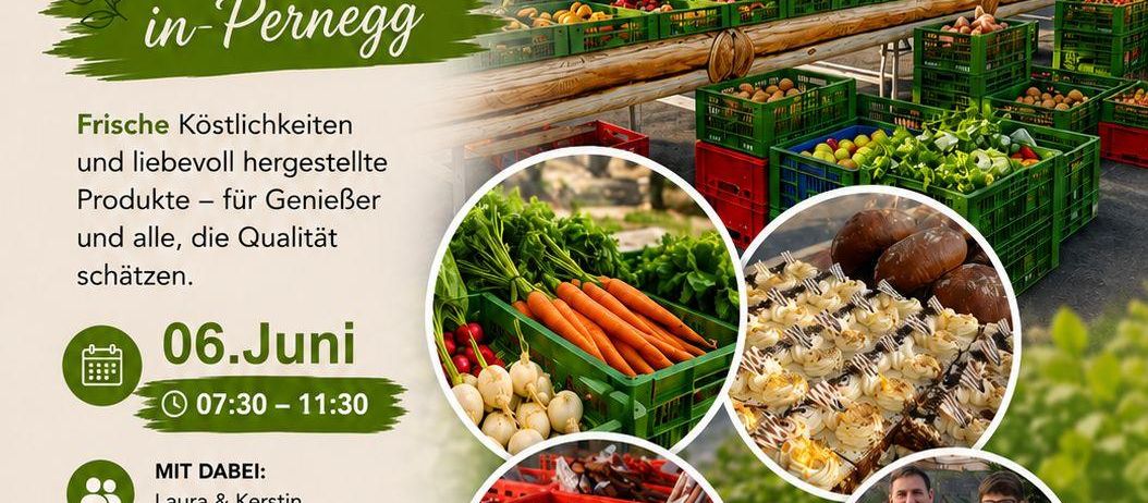 Markttag in Pernegg am 06. Juni von 07:30 bis 11:30 Uhr. Frische, lokale Produkte zum Verkauf. Veranstaltet von Laura und Kerstin. Ort: Parkplatz Dr. Bernhard-Melischneig. Besuchen Sie uns gerne.