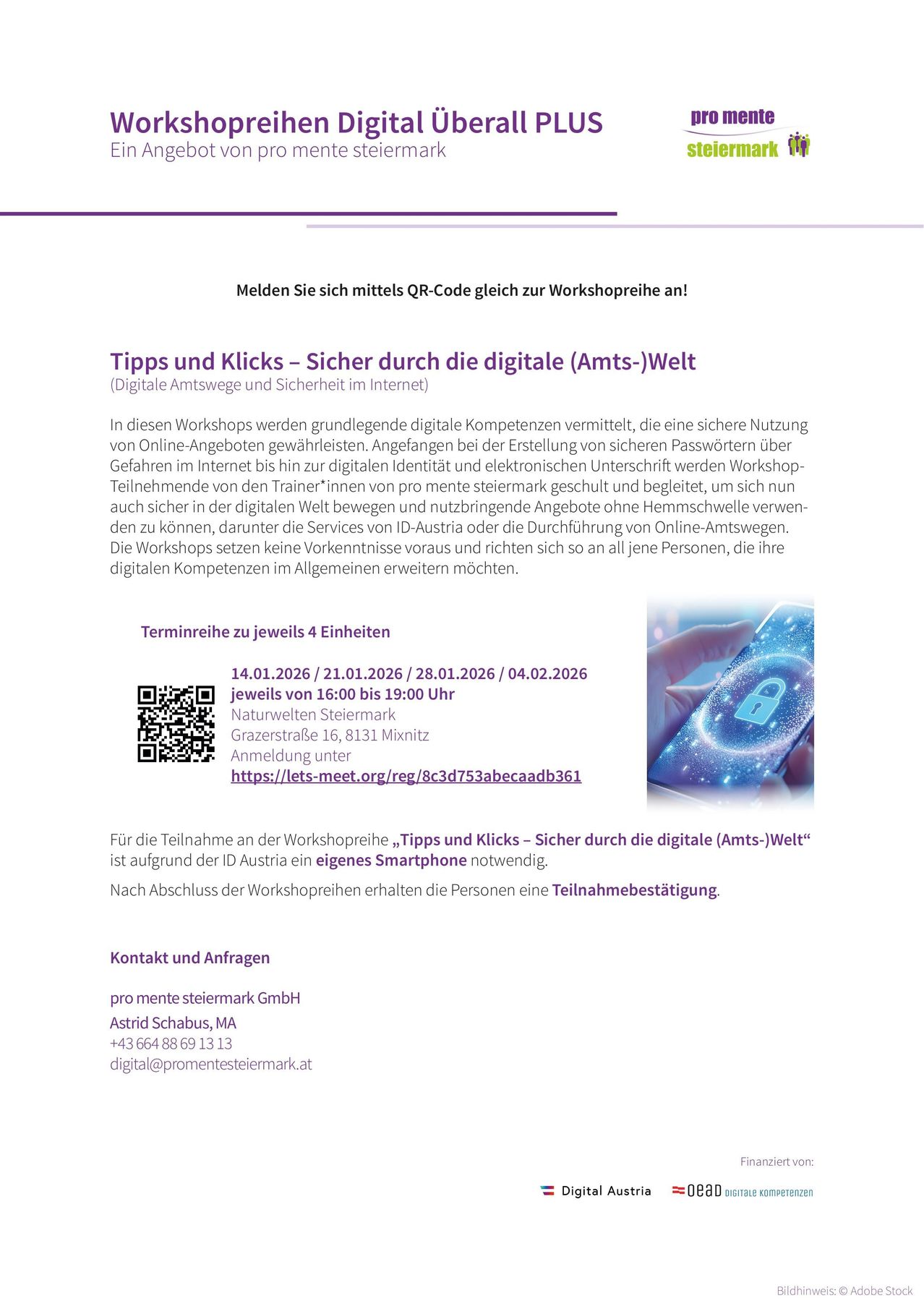 Workshops zur digitalen Identität und Sicherheit im Internet. Anmeldung über QR-Code. Zeitpläne und Kontaktdaten vorhanden.