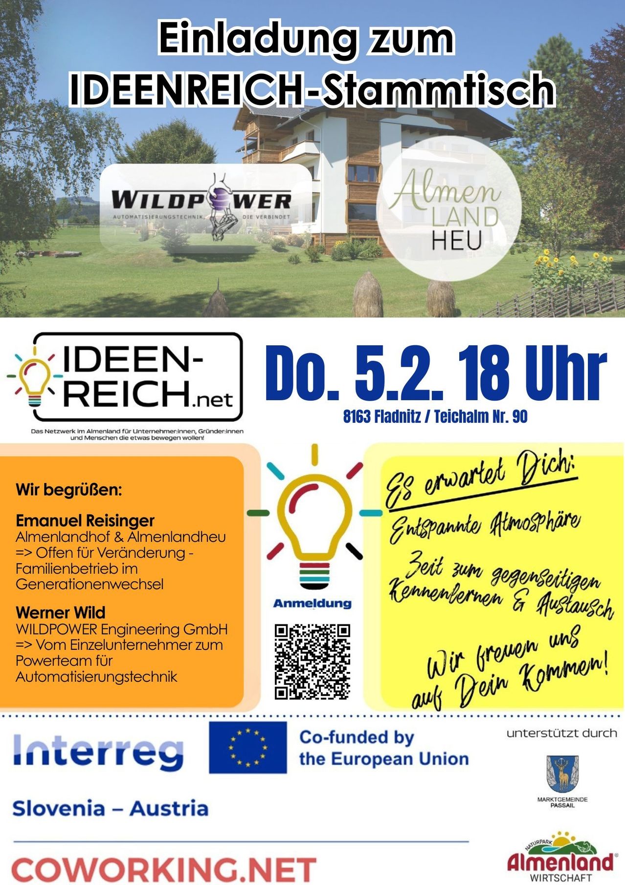 Plakat für Almenlandhof-Veranstaltung. Zeigt Logos für Almen Land, Ideen Reich und WILDPOWER. Beinhaltet Kontaktdaten, Datum und Uhrzeit sowie Willkommensbotschaft. QR-Code und Symbol für EU-Förderung vorhanden.
