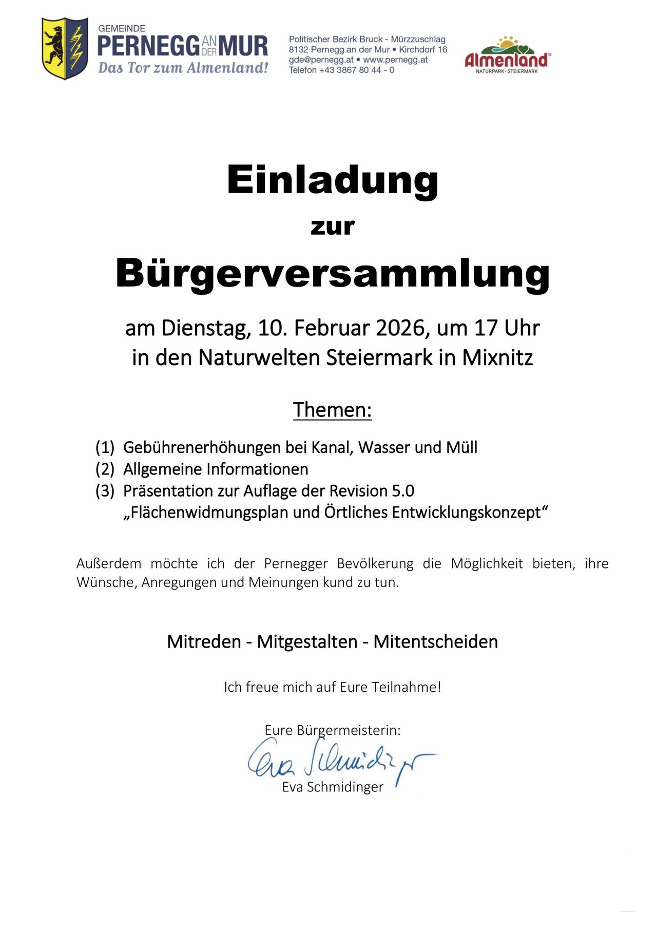Einladung zur Bürgerversammlung am Dienstag, 10. Februar 2026, um 17 Uhr in den Naturwelten Steiermark in Mixnitz. Themen sind Gebührenerhöhungen bei Kanal, Wasser und Müll, allgemeine Informationen und eine Präsentation zur Auflage der Revision 5.0, Flächenwidmungsplan und Örtliches Entwicklungskonzept.