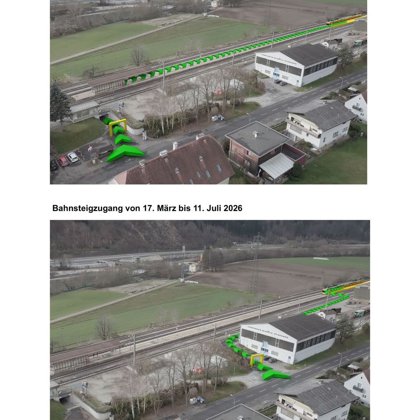 Luftaufnahme einer Bahnbaustelle. Grüne Pfeile zeigen eine Umleitung an. Gebäude und eine Straße sind sichtbar. Die erwähnten Daten sind vom 17. März bis 11. Juli 2026.