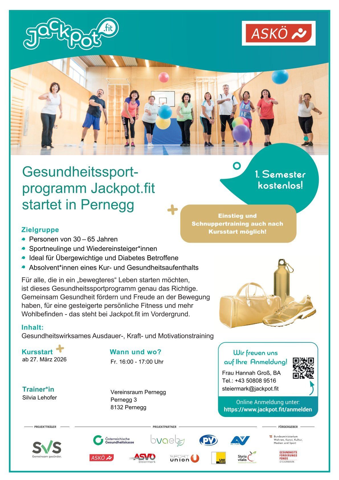 Plakat für ein Fitnessprogramm in Pernegg. Es zeigt eine Gruppe von Menschen beim Trainieren, Luftballons und Symbole einer Handtasche und Turnschuhe. Es enthält Details zum Programm wie Startdatum, Uhrzeit und Trainer. Die Trainerin ist Silvia Lehofer. Das Programm ist für das erste Semester kostenlos.