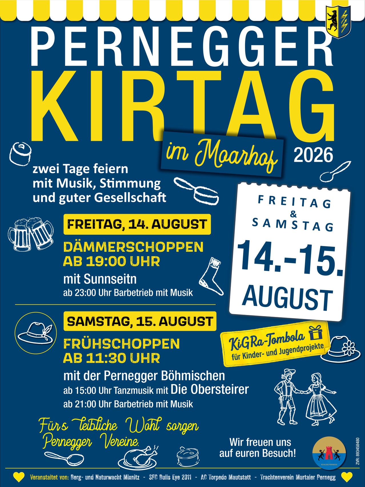 Plakat für den Maarhof Kirtag 2026, mit zwei Tagen Feiern mit Musik, Stimmung und guter Gesellschaft. Veranstaltungen umfassen Abendshopping am Freitag, 14. August, von 19:00 bis 23:00 Uhr mit Sonnenuntergang und Morgenshopping am Samstag, 15. August, von 11:30 bis 15:00 Uhr mit Kinder- und Jugendprojekten.