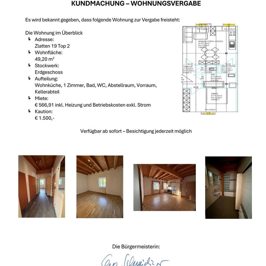 Eine Anzeige für eine Mietwohnung mit Details zur Lage, Größe und Preis. Die Wohnung umfasst eine Küche, ein Schlafzimmer, Bad, WC, Abstellraum und Keller. Die Miete beträgt 566,91 Euro, ohne Heizung und Betriebskosten. Die Wohnung ist sofort verfügbar.