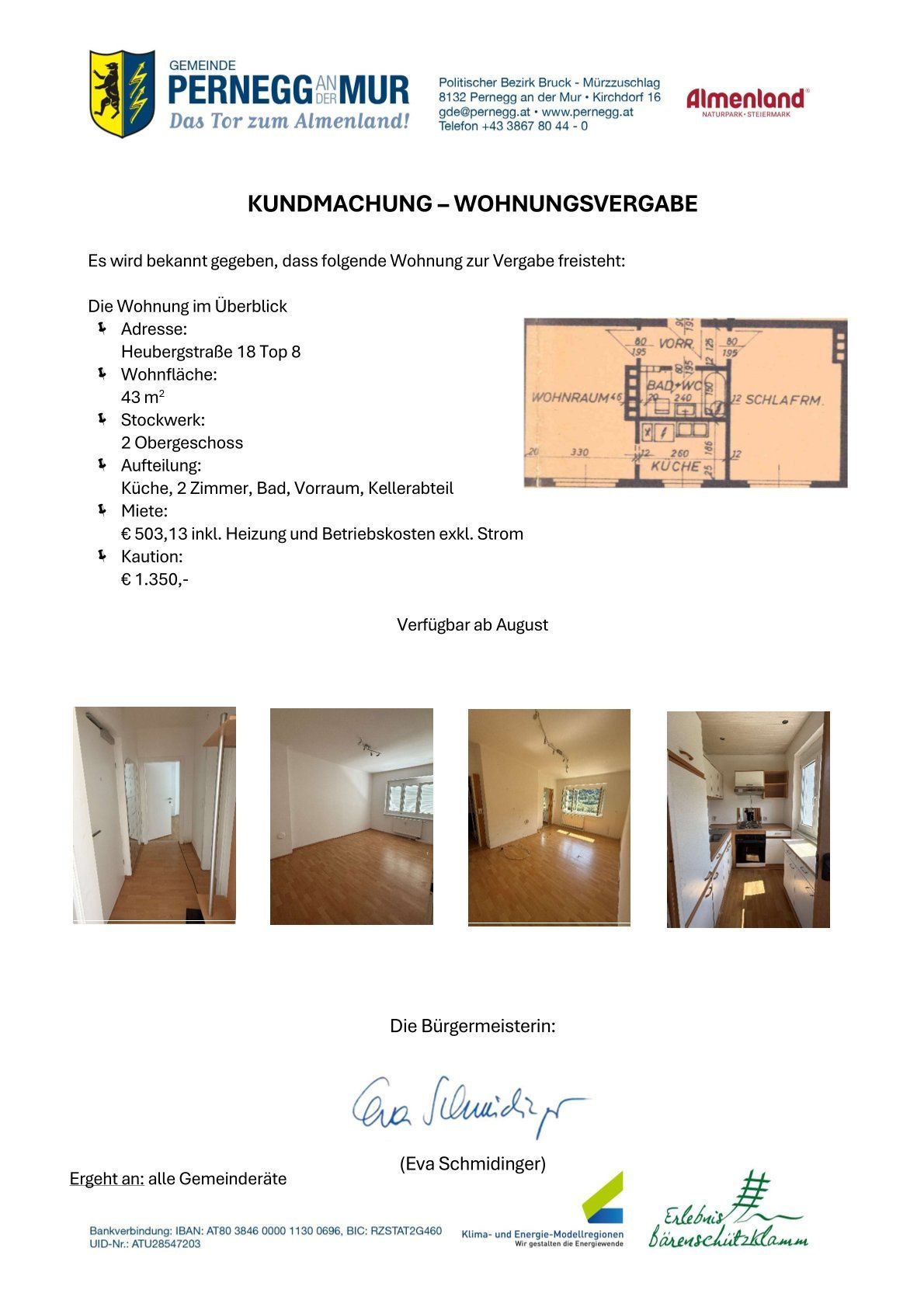 Eine Anzeige für eine Mietwohnung mit Details zur Adresse, Fläche und Ausstattung. Die Wohnung befindet sich in der Heubergstraße 18 Top 8, umfasst 43 Quadratmeter und verfügt über eine Küche, zwei Zimmer, ein Bad, einen Abstellraum, einen Keller und einen Schlafraum. Die Miete beträgt 503,13 Euro, einschließlich Heizung und Betriebskosten, exklusive Strom. Die Wohnung ist ab August verfügbar.
