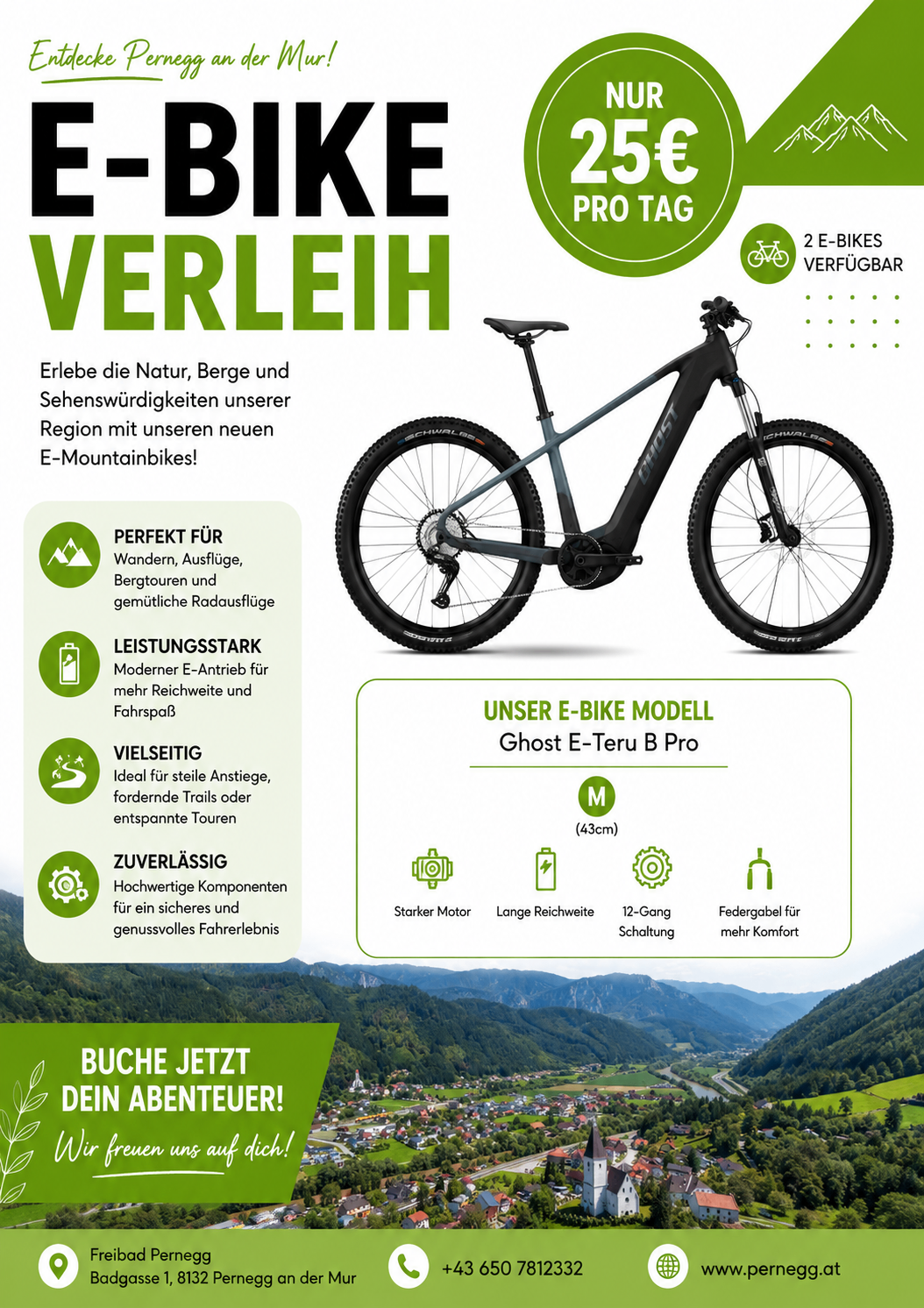 Entdecke die Natur, Berge und Schönheit unserer Region mit unseren neuen E-Mountainbikes. Perfekt für Wandern, Ausflüge, Bergtouren und gemütliche Radtouren. Zuverlässige Komponenten für ein sicheres Fahrerlebnis. Buche jetzt dein Abenteuer!