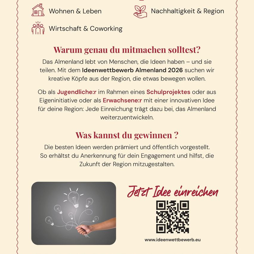 Ein Bild mit 'Almenland 2026' oben geschrieben, das Menschen einlädt, am Ideenwettbewerb teilzunehmen. Kategorien umfassen Wohnen, Nachhaltigkeit, Wirtschaft und Coworking. Ein QR-Code ist für weitere Informationen vorhanden.