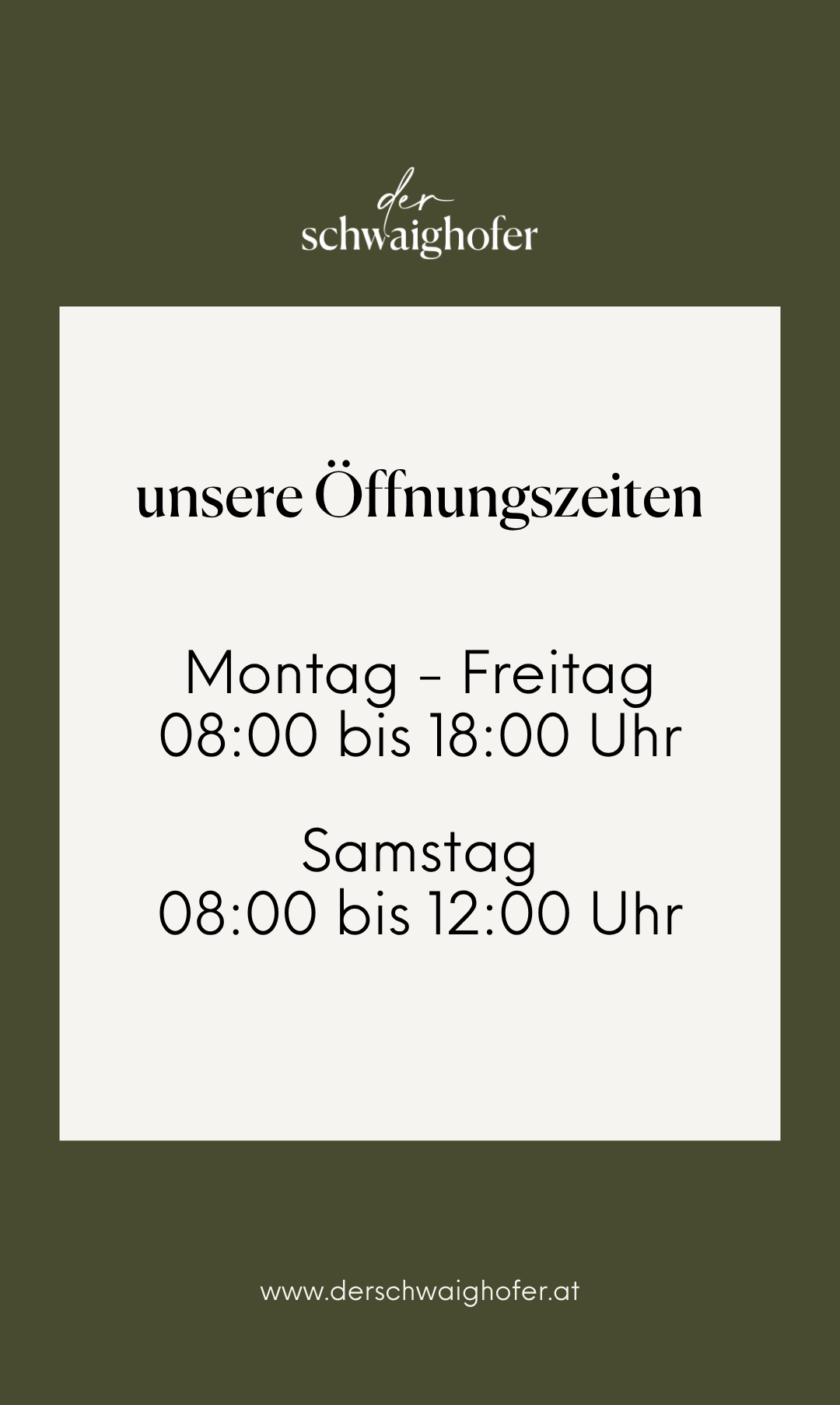 A white background displays opening hours. Monday to Friday, from 8:00 to 18:00. Saturday from 8:00 to 12:00.