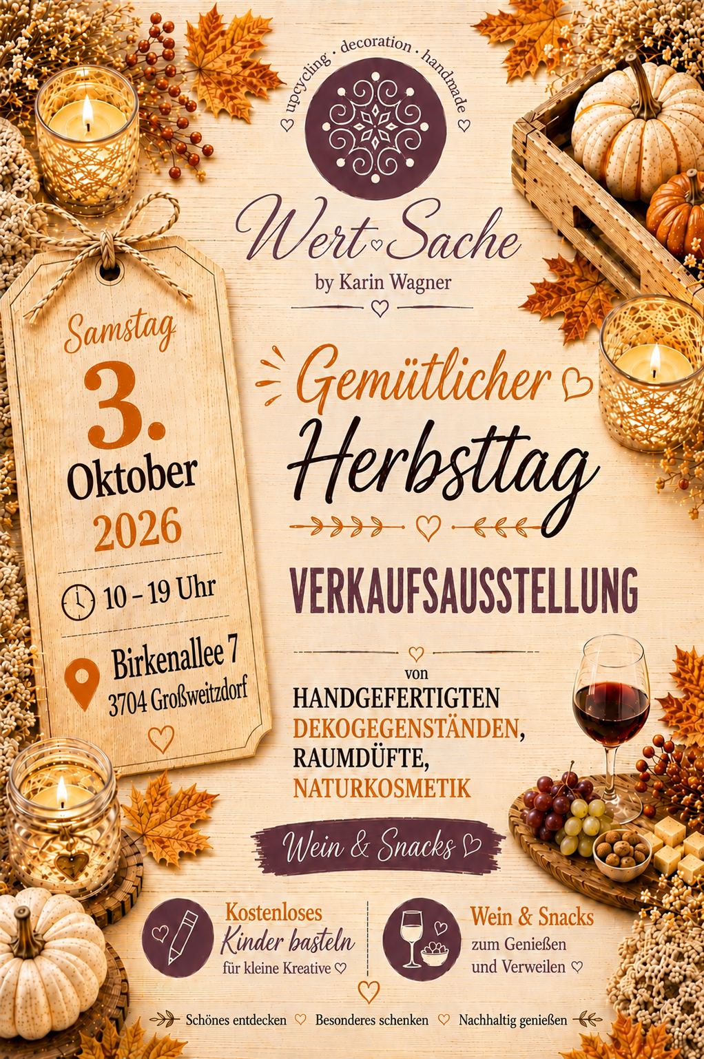 Ein Herbst-Event-Poster mit einem gemütlichen Herbstthema, Kerzen, Herbstblättern und einem Holzschild mit dem Datum 3. Oktober 2026. Das Poster zeigt auch ein Weinglas, Trauben und Nüsse.