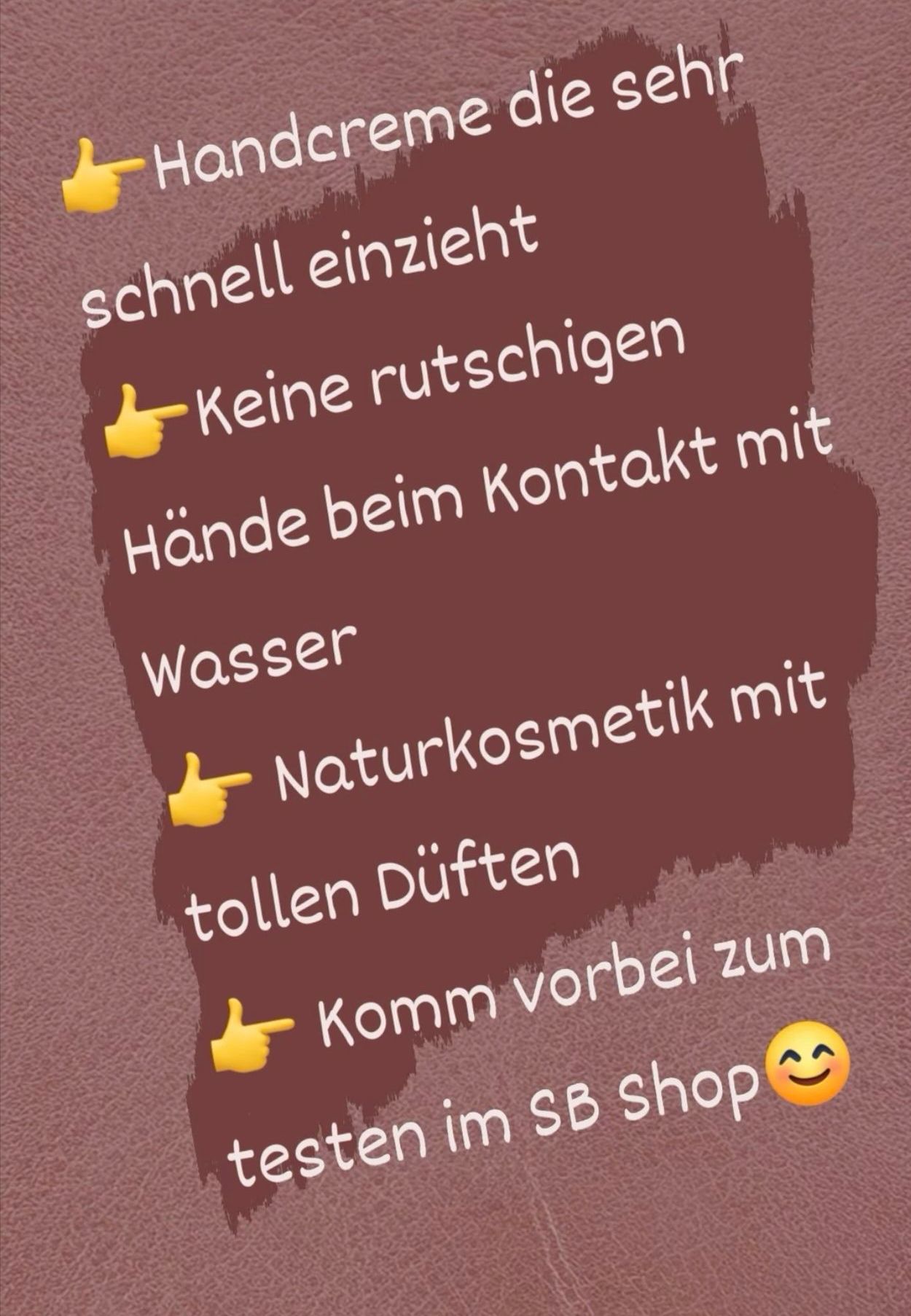 A brown background with text stating 'No contact with water' and 'Natural cosmetics with essential oils', highlighted with yellow thumbs up icons. It suggests visiting the SB shop.