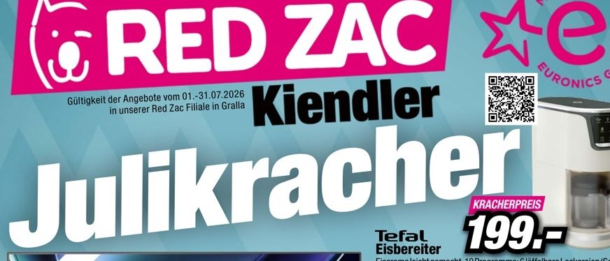 Werbeanzeige für Juli-Produkte, einschließlich eines Hisense-Fernsehers, Tefal-Eismaschinen, Sony-Lautsprechern und Elvita-Kühlschrank. Die Angebote reichen von 59 bis 597 Euro. Produkte verfügen über 4K, LED, Bluetooth und verschiedene Konnektivitätsoptionen.