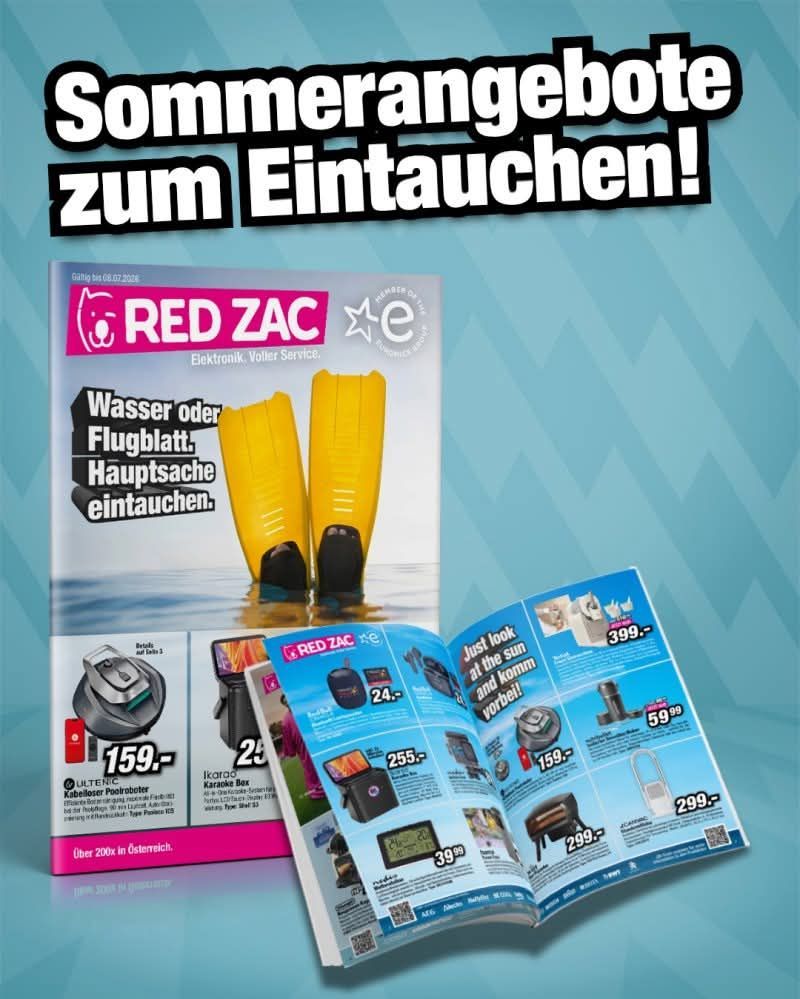 Werbung für Red Zac mit einem offenen Magazin, das Austauschangebote für Artikel wie Wasserflaschen, Flugtaschen und Rucksäcke zeigt. Der Cover hat einen blauen Hintergrund mit fetten weißen Texten.