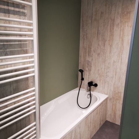 Ein Badezimmer mit einer weißen Badewanne und hölzernen Wänden, ausgestattet mit einer schwarzen Duschbrause und einem Handtuchhalter.