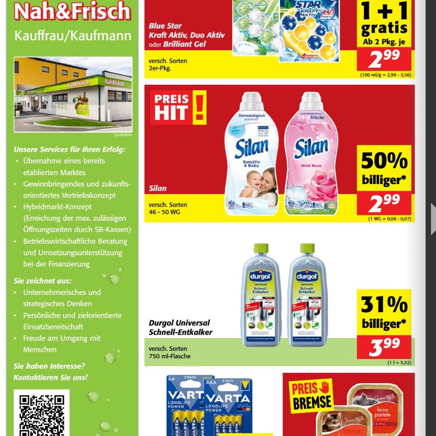 Werbeaktionen für Nah&Frisch Kauffrau/Kaufmann. Dienstleistungen umfassen Marktmanagement, Geschäftsstrategie und Finanzberatung. Verschiedene Produkte zu reduzierten Preisen. Kontaktieren Sie uns für weitere Informationen.