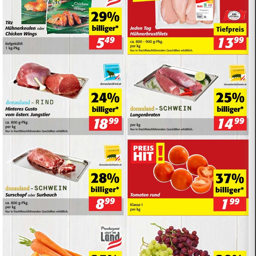 Werbeanzeige für Hähnchenflügel und Fleischprodukte eines deutschen Einzelhändlers. Angebote beinhalten Hähnchenflügel für 5,49 Euro pro kg und verschiedene Fleischstücke mit Rabatten.