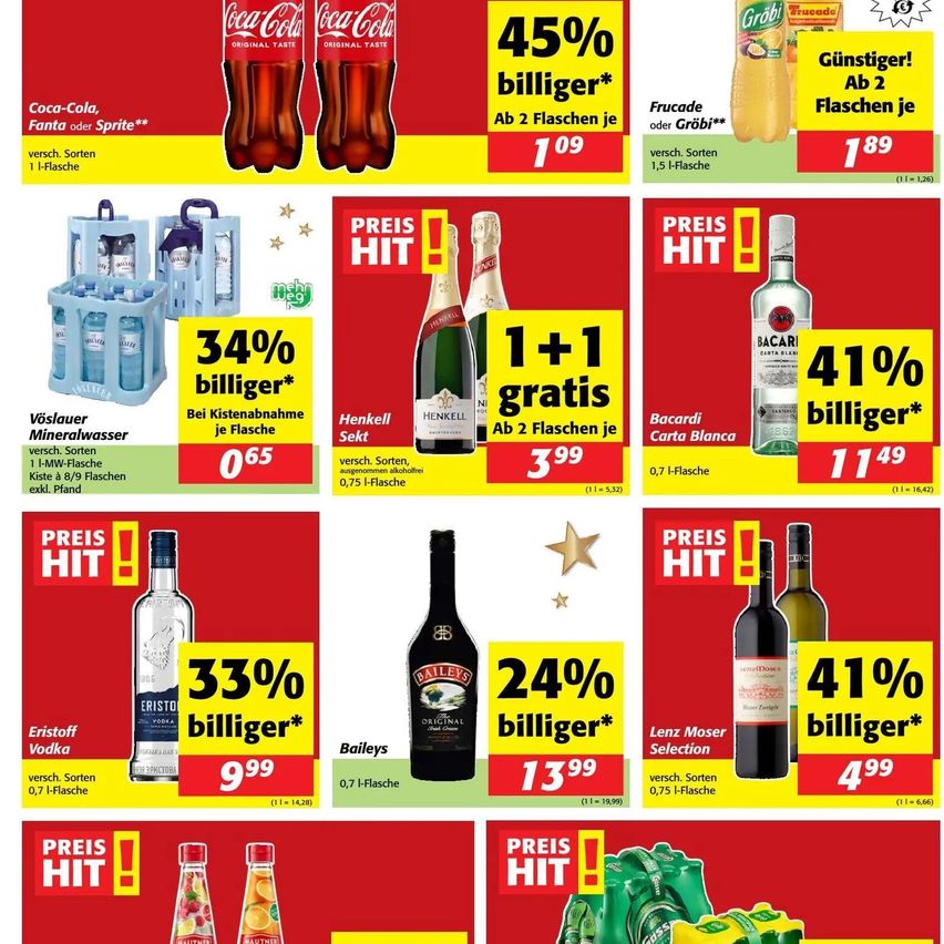 Werbung für Getränke mit verschiedenen Rabatten, darunter Coca-Cola, Fanta, Sprite, Vodka, Wein und Bacardi. Die Werbeaktionen beinhalten Angebote wie 'zwei kaufen, eine gratis', Preissenkungen und kostenlose Flaschen beim Kauf.