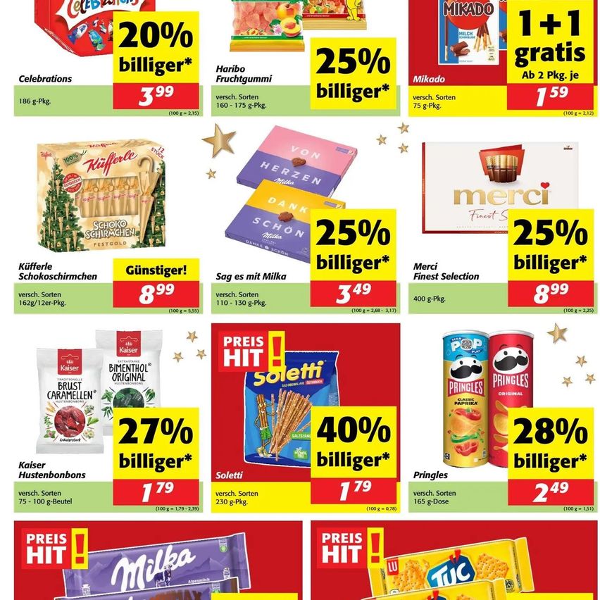 Werbebild mit verschiedenen Produkten und Rabatten. 'Celebrations' Produkte beinhalten Schokoladen und Snacks, 'billiger' Produkte sind Schokoladen und Süßigkeiten, und 'guenstiger' Artikel sind Bonbons. Produkte haben Preisnachlässe und kostenlose Artikel.