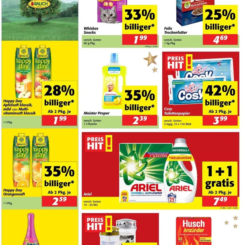 Das Bild zeigt einen Werbeflyer für verschiedene Produkte. Es zeigt Produkte wie Happy Day Saft, Meister Proper Reinigungslösung und Ariel Detergent mit Preisreduktionen und Sonderangeboten wie 1+1 gratis. Die Produkte sind mit ansprechenden Bildern und Rabatten dargestellt.
