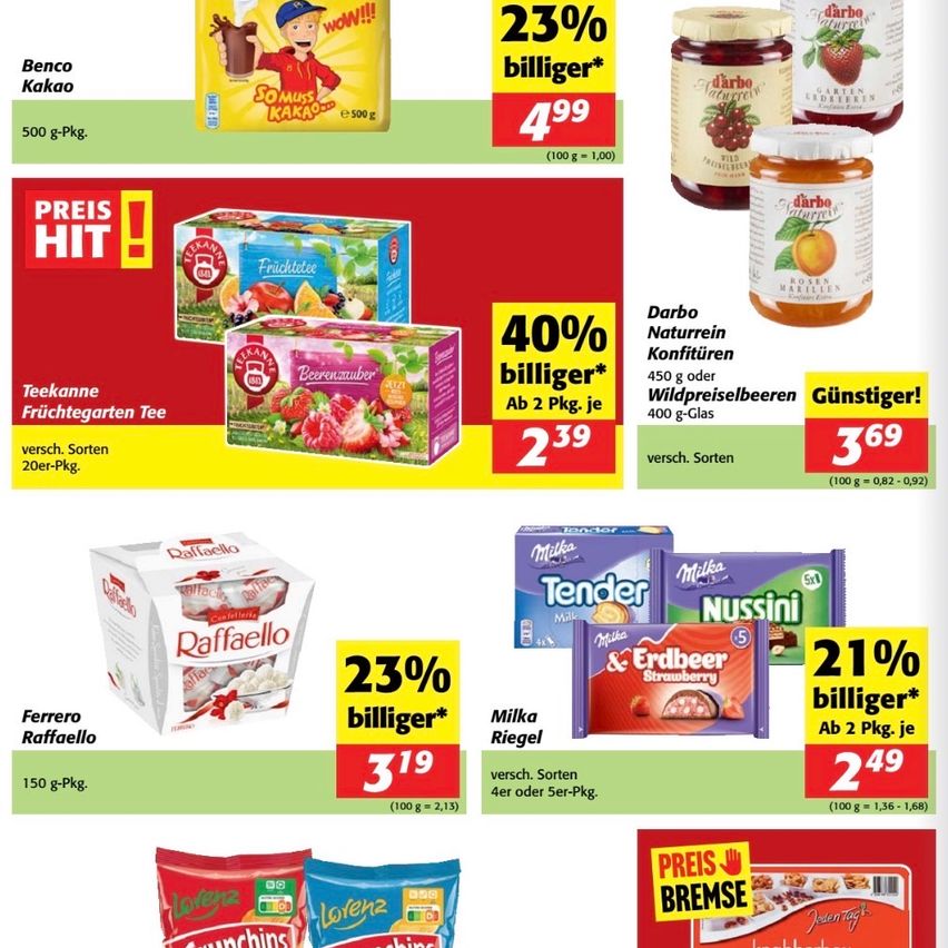 Werbung für verschiedene Produkte, darunter Kakao, Tee, Früchte und Schokoladen. Angebote beinhalten 23% Rabatt auf Kakao, 40% auf Früchtentee und 21% auf Schokoladen. Jeder Artikel hat einen reduzierten Preis mit einer Vielzahl von Gewichten und Preisen aufgeführt.