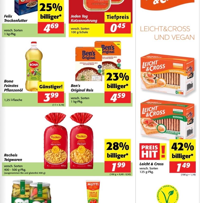 Der Rabattflyer zeigt verschiedene Produkte. Links ist Katzenfutter Felix Trockenfutter 25% günstiger für 4,69 Euro. Darunter ist Bona Feinstes Pflanzenöl für 3,99 Euro. Rechts ist Ben's Original Reis 23% günstiger für 4,59 Euro. Darunter ist Leicht & Cross Goldweizen 42% günstiger für 1,49 Euro.