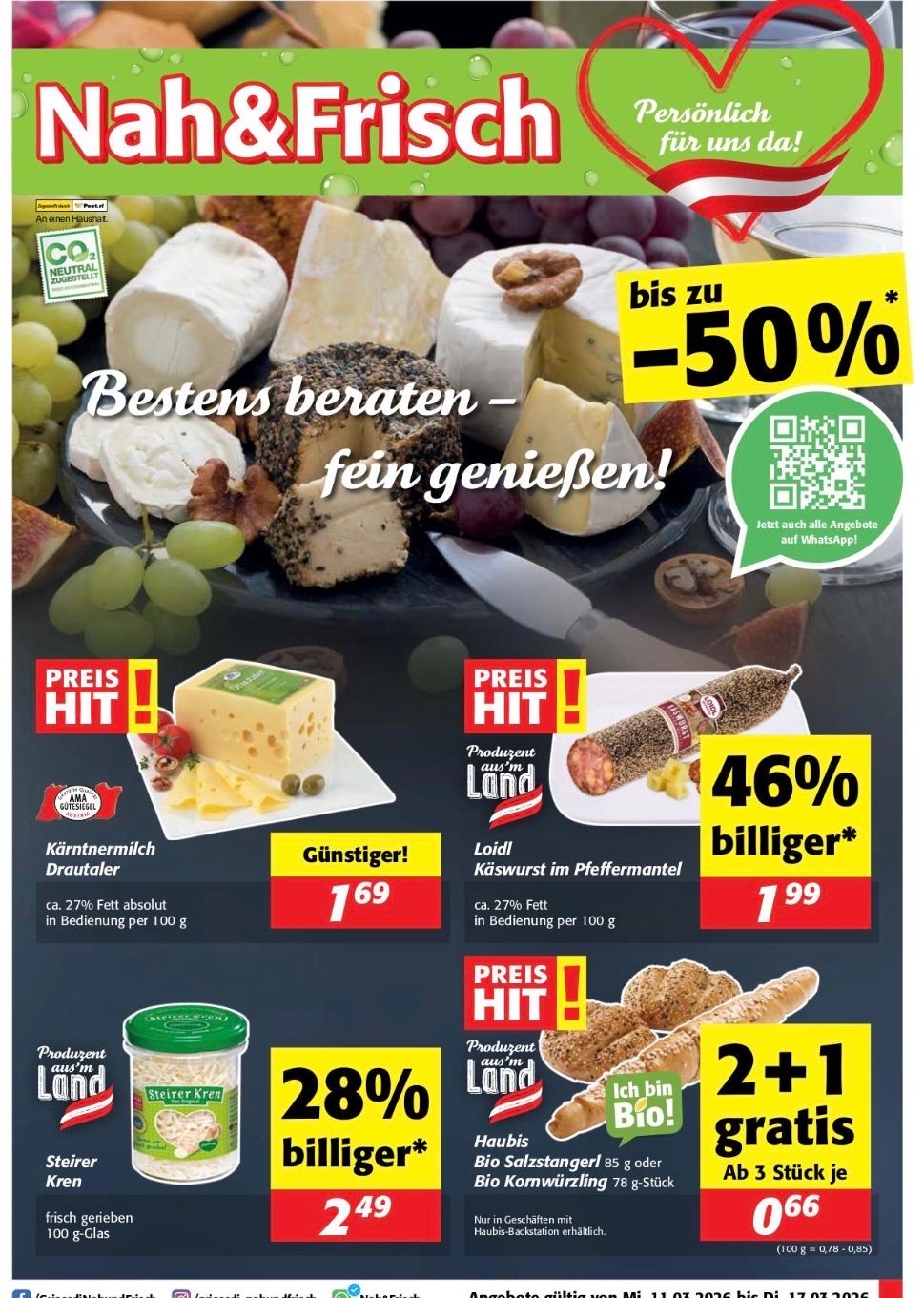 Werbeanzeige für verschiedene Produkte wie Käse, Wurst und Brot. Die Anzeige zeigt einen Teller mit Käse und Wurst mit einem Messer, ein Glas grüner Oliven und ein Brotstück. Rabatte sind hervorgehoben.