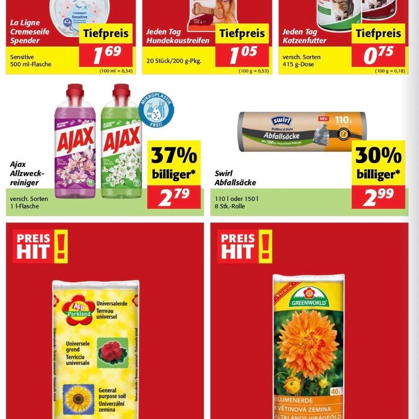 Die Werbung zeigt einen Rabatt für empfindliches Tierfutter, Ajax Allzweckreiniger und Swirl Müllbeutel. Ajax Reiniger bietet 37% Ersparnis, Swirl Beutel bieten 30% Ersparnis und Tierfutter hat einen reduzierten Preis.