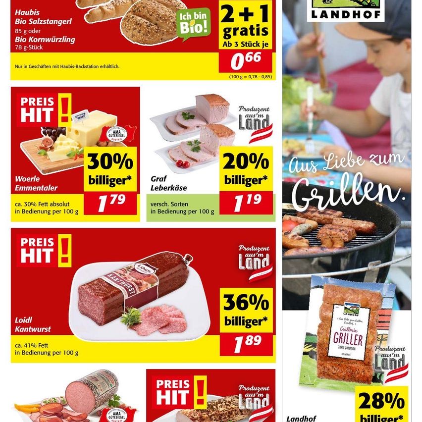Werbung für eine deutsche Lebensmittelmarke mit verschiedenen Fleischprodukten, Preissenkungen und einem '2+1 gratis' Angebot. Das Bild zeigt ein Kind beim Essen und einen Grill mit kochenden Fleisch.