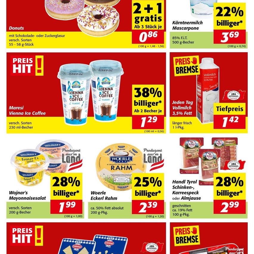 Eine Werbung für verschiedene Lebensmittelprodukte, einschließlich Donuts, Eiskaffee, Milch, Mayonnaise-Salat und geschnittenem Schinken. Jedes Produkt hat einen Preisschild und einen Rabattprozentsatz. Die Produkte sind auf einem roten und gelben Hintergrund dargestellt.