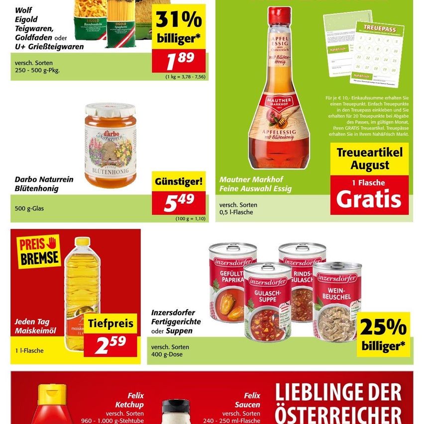 Ein Werbeplakat für einen Supermarkt mit verschiedenen Lebensmitteln im Angebot. Es enthält Honig, Saucen und Dosensuppe. Jedes Produkt hat einen Preis und einen Rabattprozentsatz. Das Plakat enthält auch ein Treuekartenangebot.