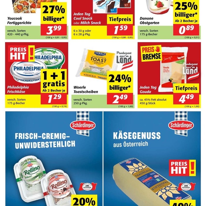 Eine Werbung für verschiedene Lebensmittel mit Preisreduktionen. Es enthält Philadelphia Frischkäse, Wörle Toastscheiben, Danone Joghurt und Schärdinger Käse. Jedes Produkt hat einen Preisschild und Rabattprozentsatz.